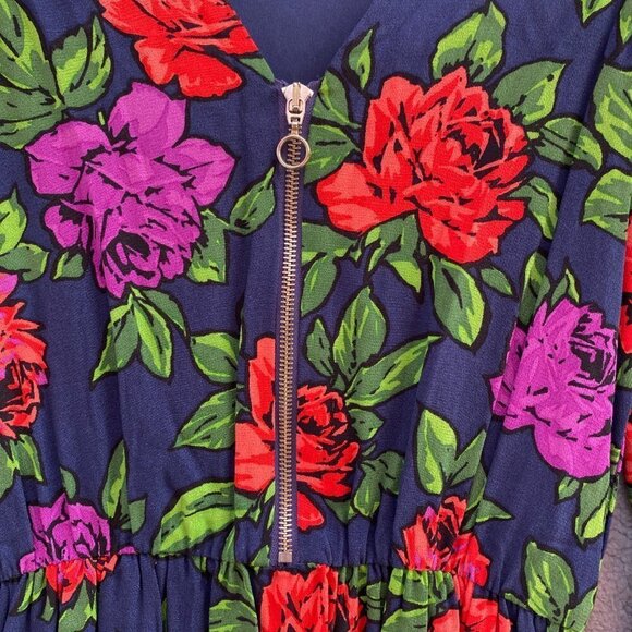 Zara Trafaluc Blue Floral Long Sleeve V Neck Zip Mini Dress Sz XS - Picture 4 of 10